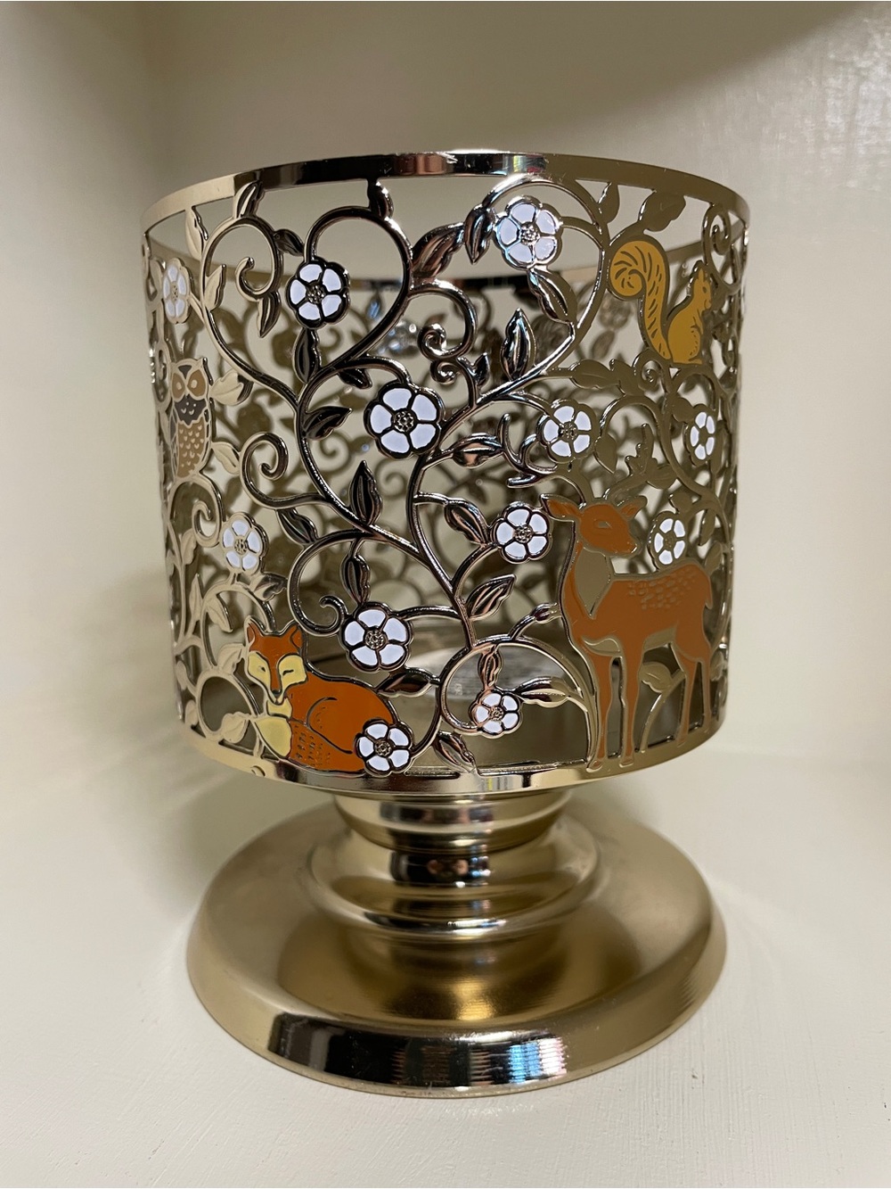 Bath & Body Works Gold Candle Holder with Orange Forest Animal Accents